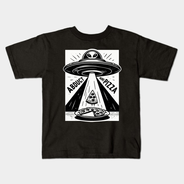 Alien UFO Pizza Abduction Linocut Kids T-Shirt by SubtleSplit